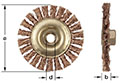 A copper-colored knot wire wheel brush is shown from the front and side. The front view includes measurements labeled "a" for the diameter and "d" for the threaded arbor diameter. The side view shows brush thickness with arbor protruding to the right and 